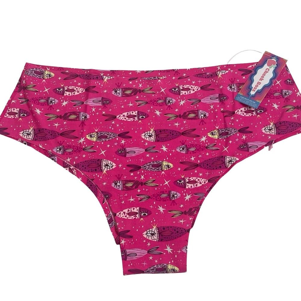 Cheek Boss Seamless High Waist Brief Panties‎ Women XL Pink Fish Star Print NEW